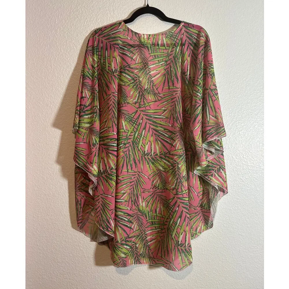 Top it Off NWT One Size Pink Green Palm Frond V-Neck Swimsuit Tropical Cover-Up